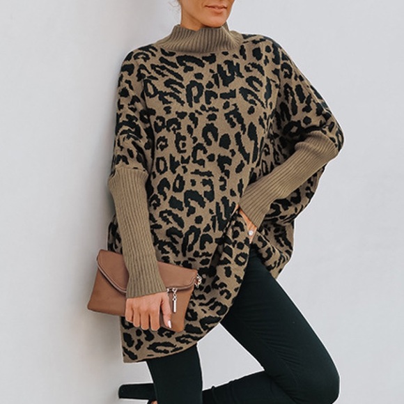 Sweaters - Leopard Print Batwing Sleeve Sweater
